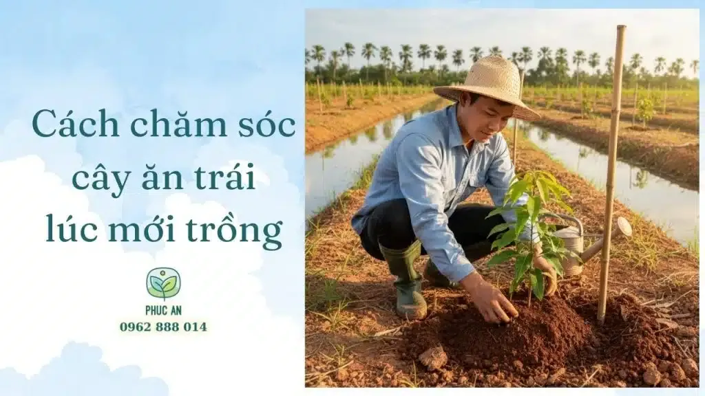 Hình ảnh cây ăn trái mới trồng đang được che chắn để bảo vệ khỏi mất ẩm và sốc nhiệt