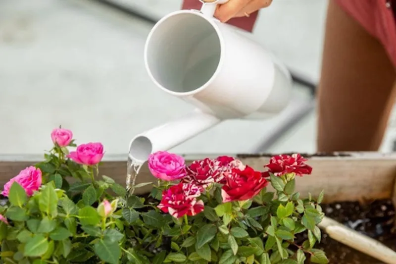 Tưới nước đúng cách cho cây hoa hồng, ưu tiên vào sáng sớm hoặc chiều mát