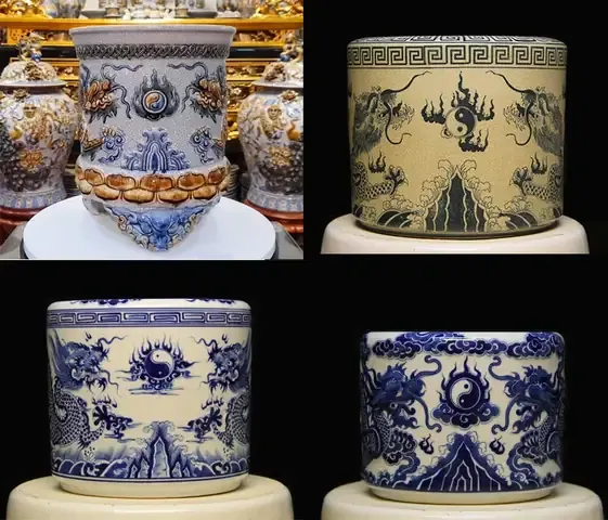 Hình ảnh vật phẩm gốm sứ màu vàng thổ đặt cạnh cây đinh lăng lá nhỏ, gợi ý phong thủy